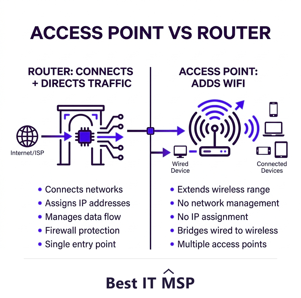 A router connects networks; an access point provides WiFi