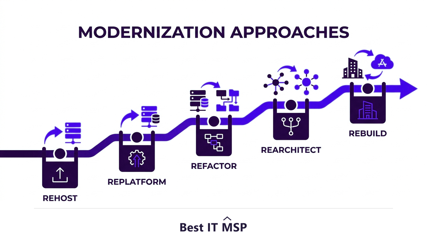The modernization approaches: rehost, replatform, refactor, rearchitect, rebuild, replace, retire