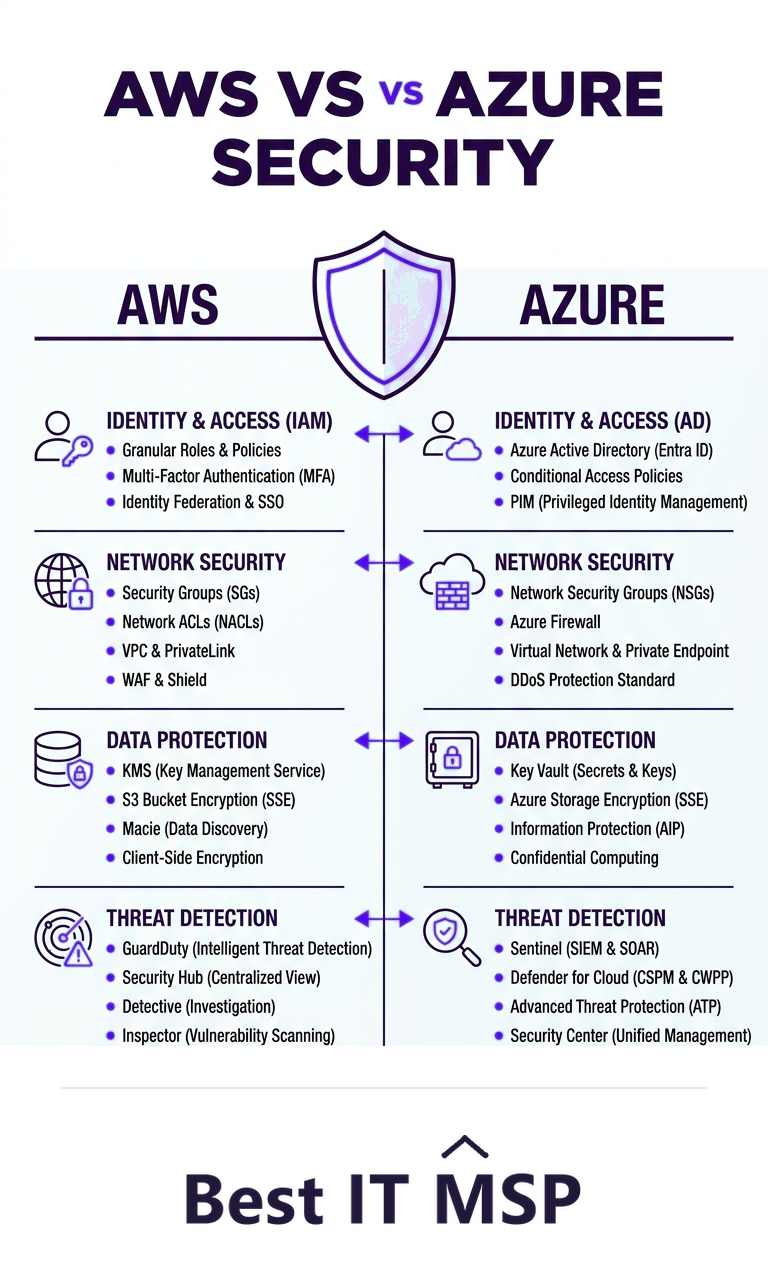 AWS security versus Azure security compared across seven categories
