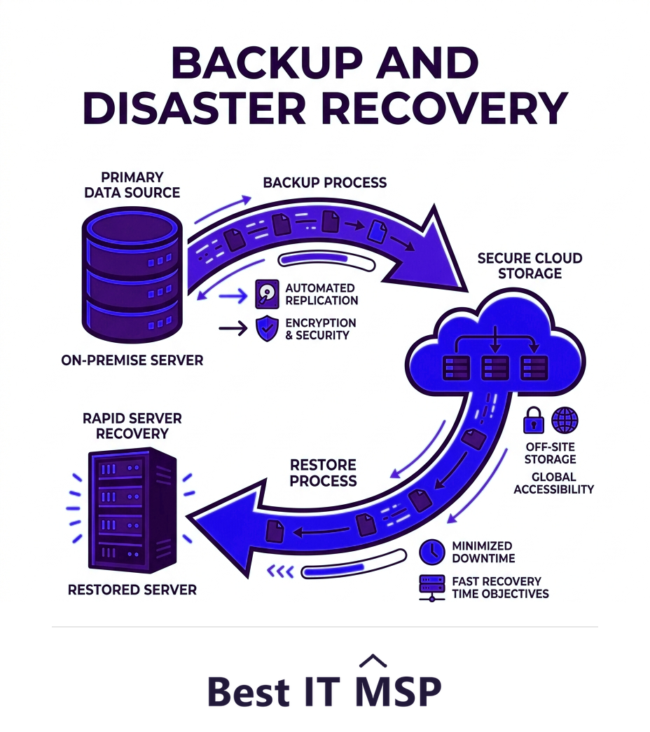 Backup and disaster recovery protects data and restores operations after an incident