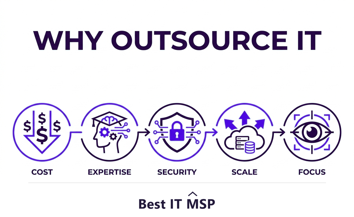 Five benefits of IT outsourcing: cost, expertise, security, scalability, focus