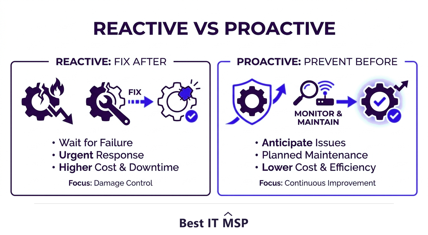 Break-fix is reactive; managed services is proactive