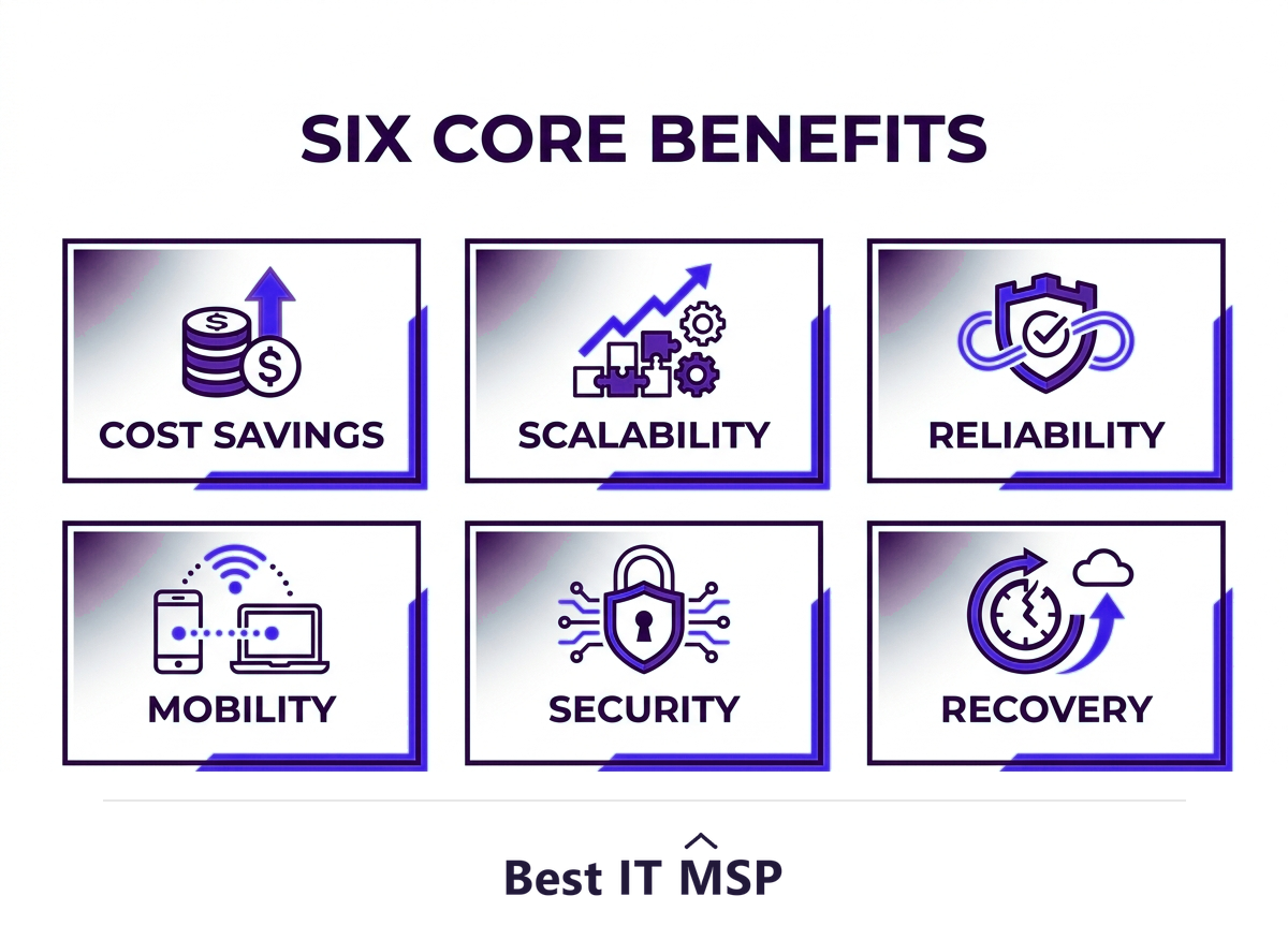 Six cloud computing benefits: cost, scalability, reliability, mobility, security, recovery