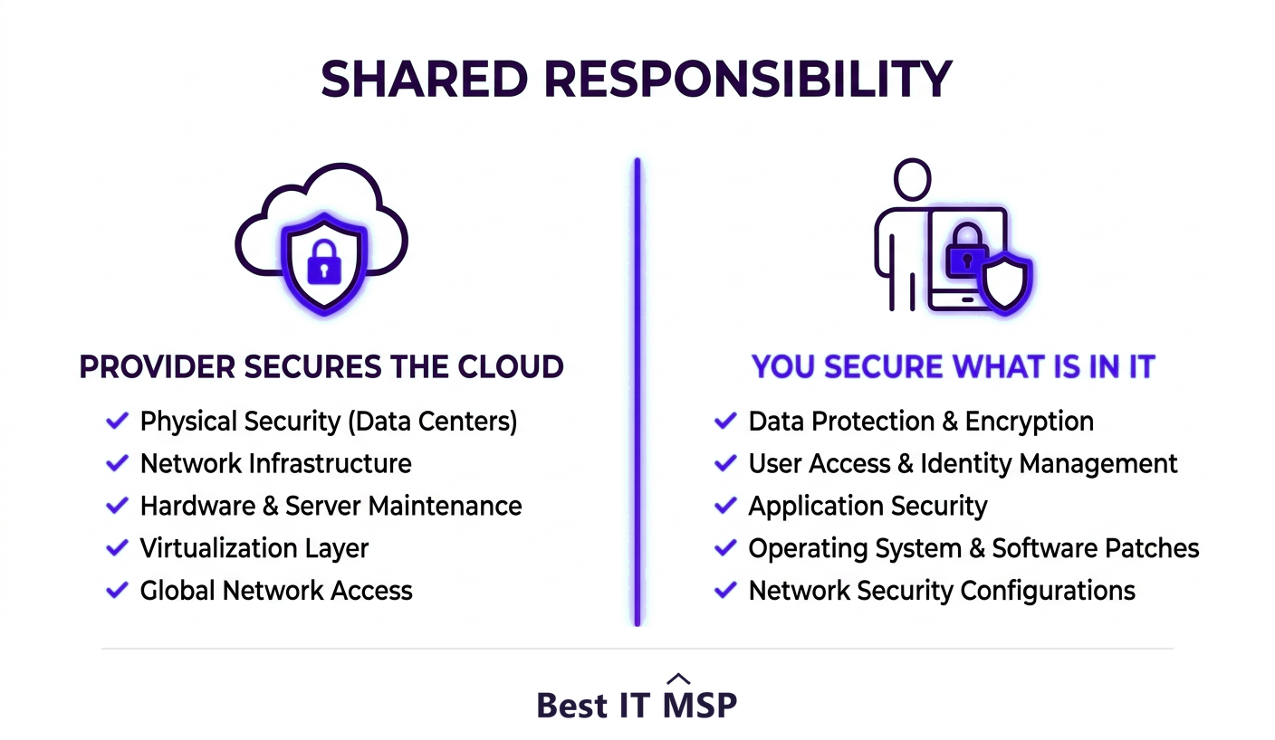 The shared responsibility model splits security between provider and customer