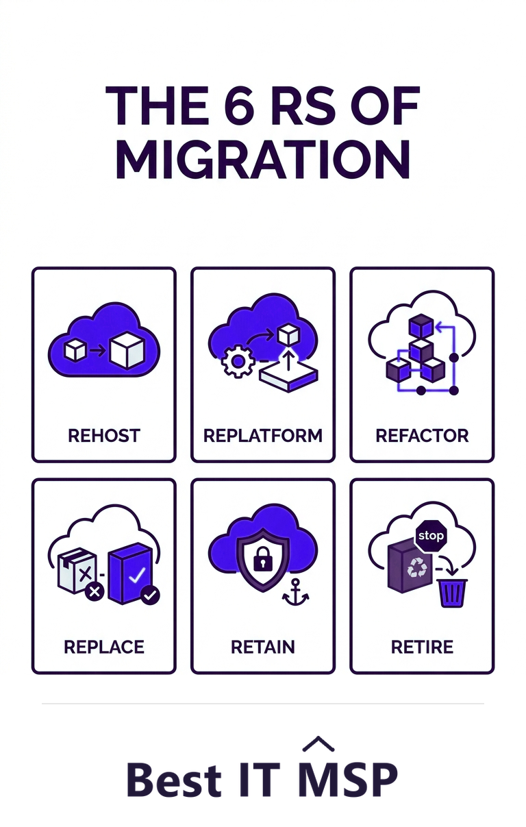 Cloud migration strategies: rehost, replatform, refactor, replace, retain, retire