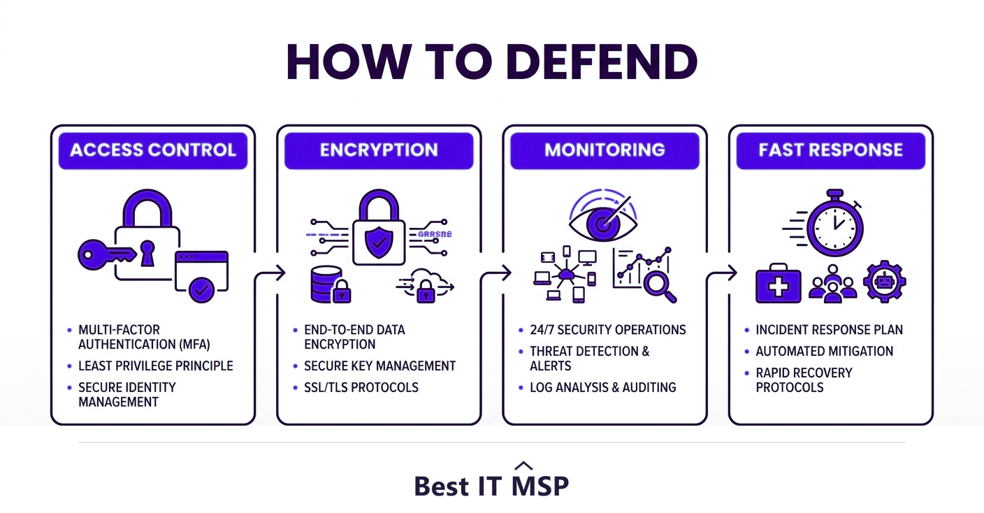 Defenses against cloud threats: access control, encryption, monitoring, fast response