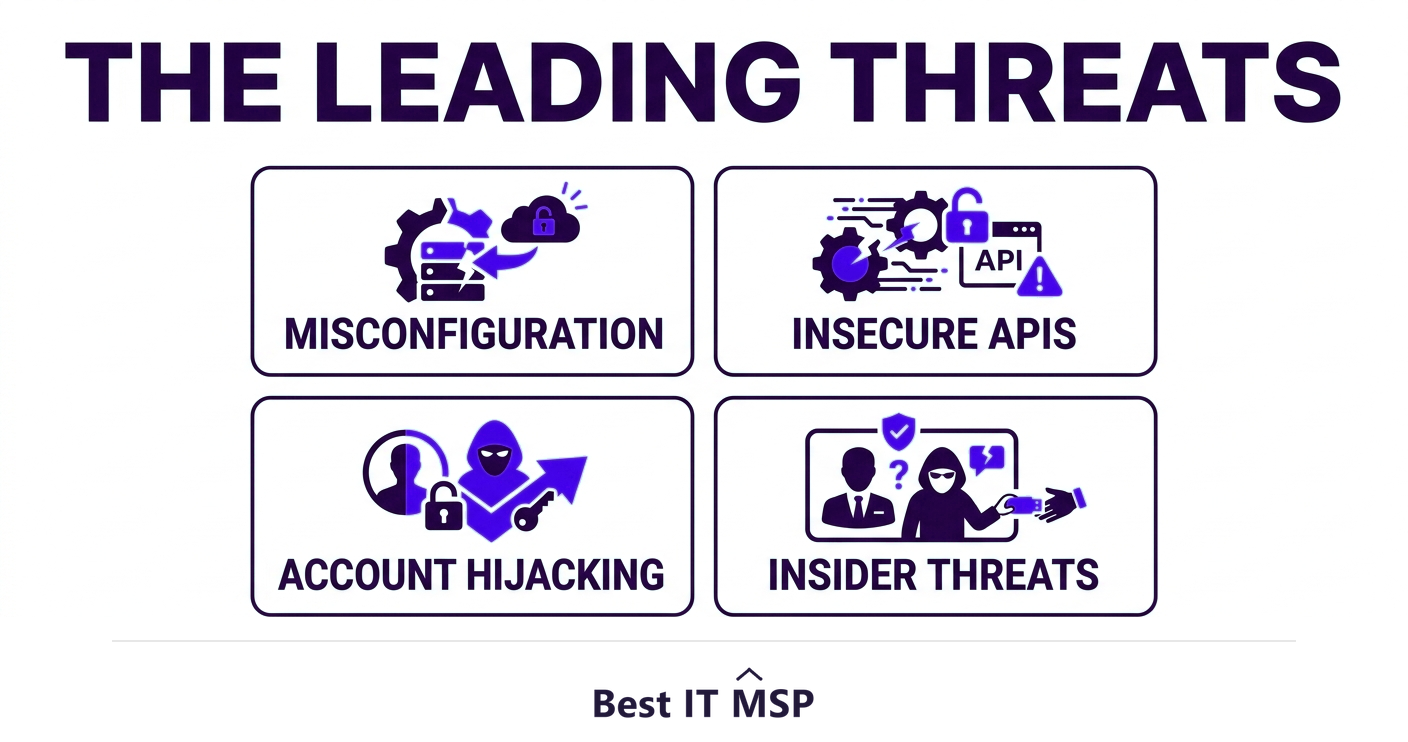 The leading cloud threats: misconfiguration, insecure APIs, account hijacking, insider threats