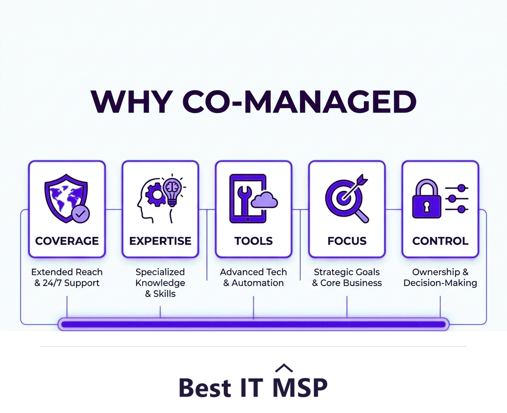 Co-managed IT benefits: coverage, expertise, tools, focus, control