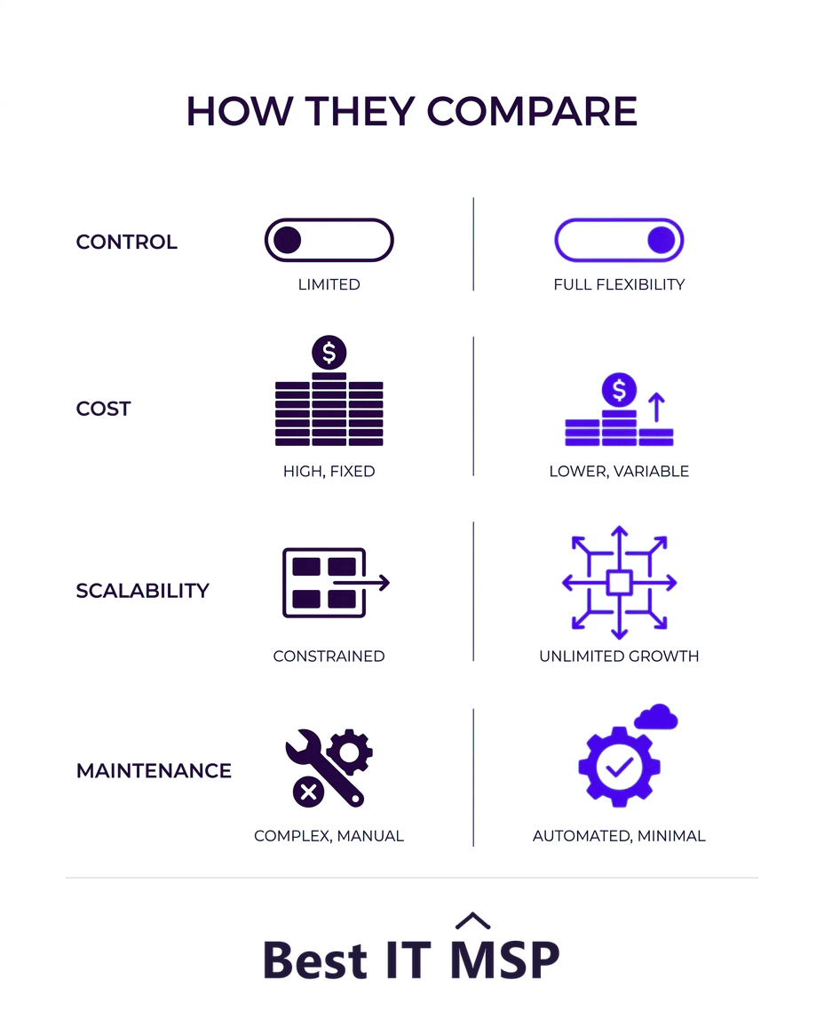 Colocation versus cloud compared on control, cost, scalability, and maintenance
