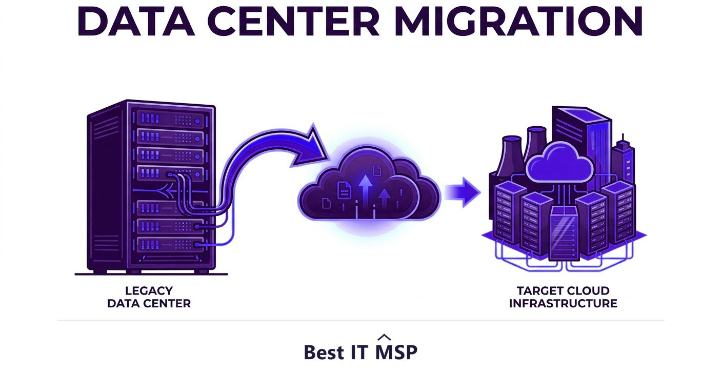 A data center migration moves servers, storage, applications, and data to a new environment