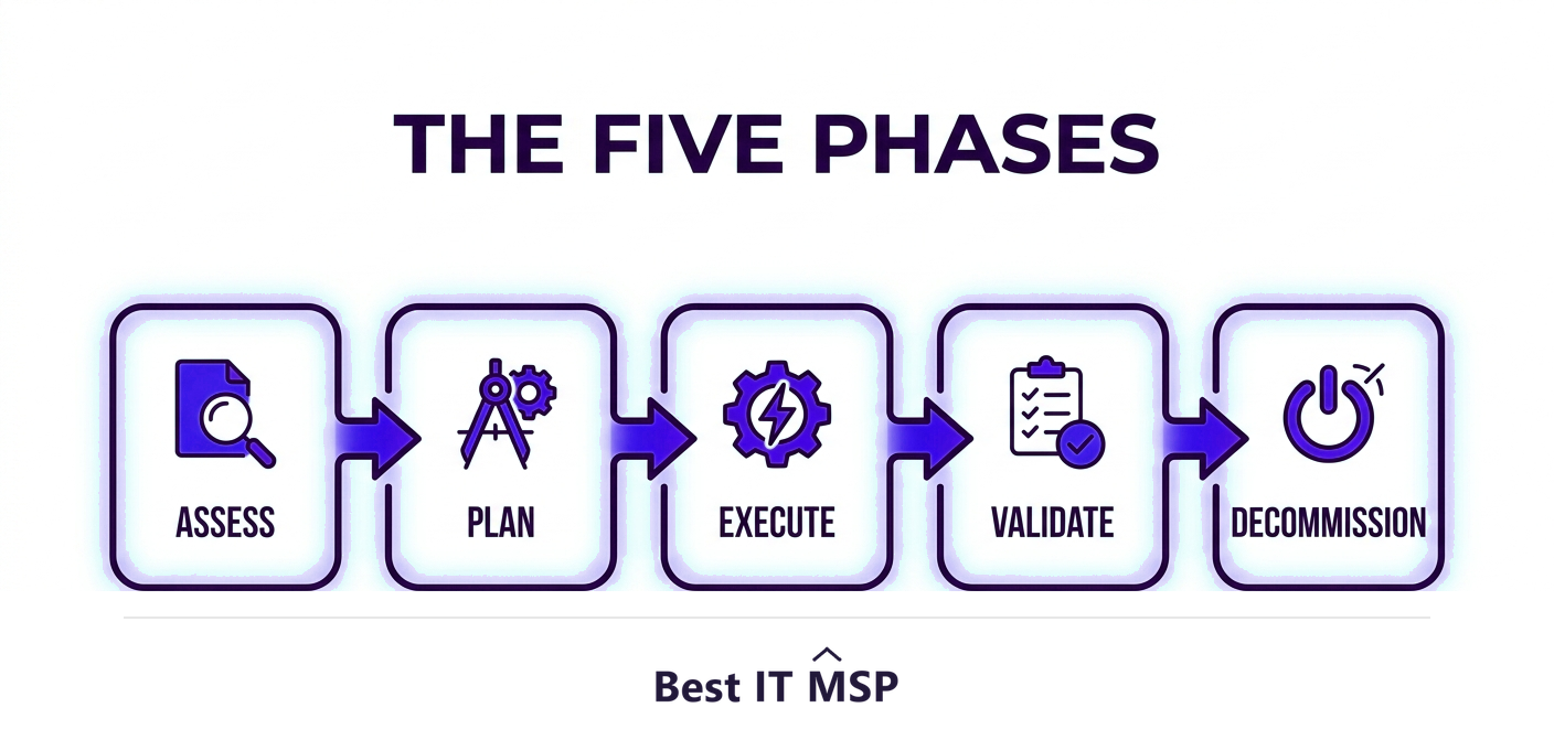 The data center migration phases: assess, plan, execute, validate, decommission
