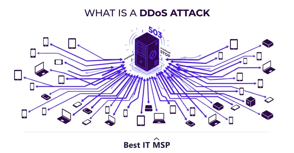 A DDoS attack floods a target with traffic from many sources