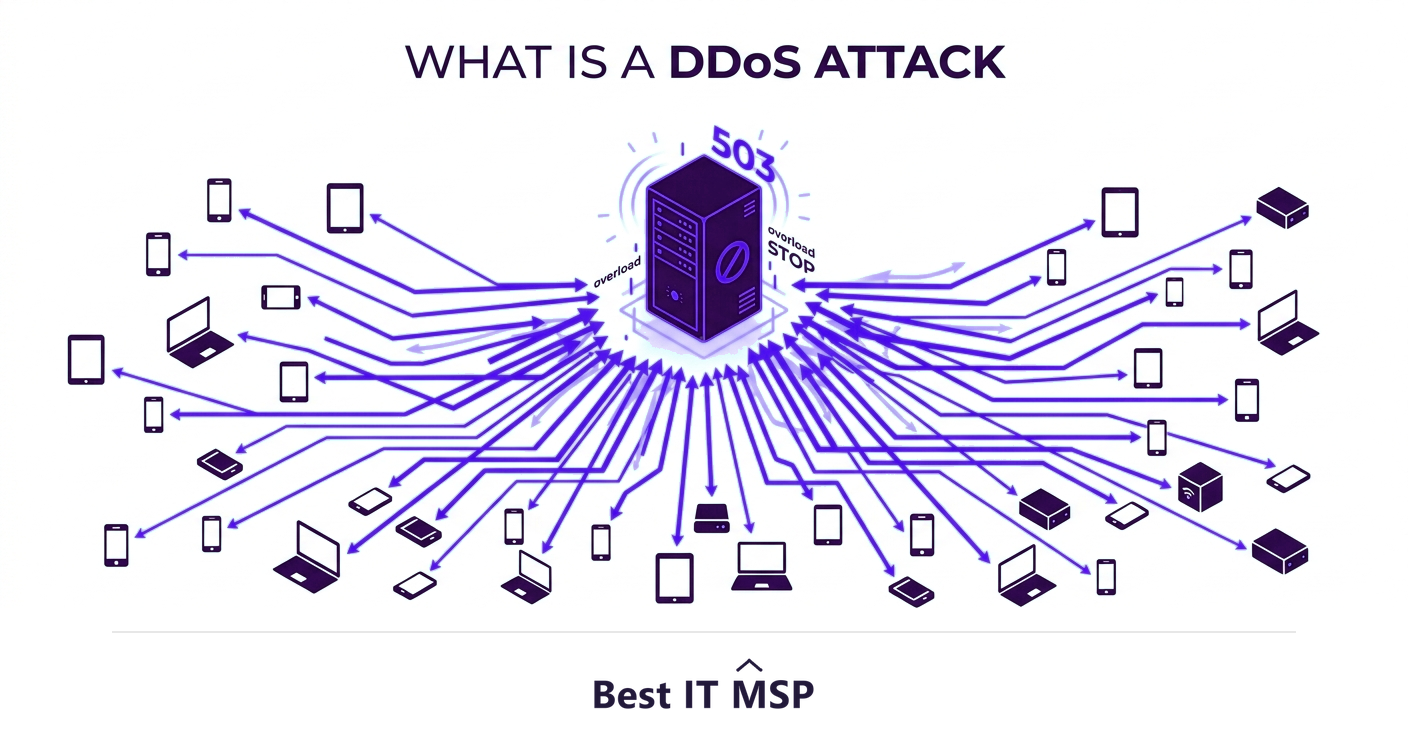 A DDoS attack floods a target with traffic from many sources