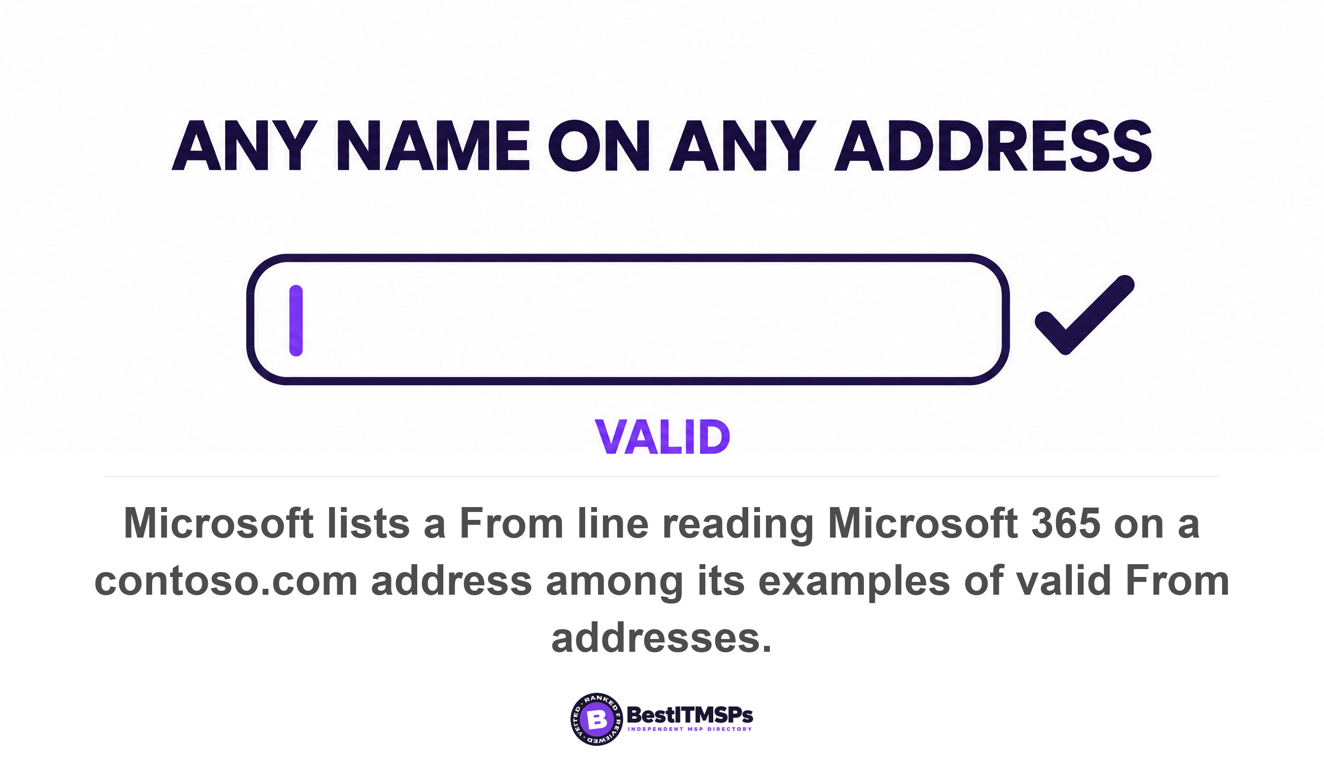 Microsoft lists a From line reading Microsoft 365 on a contoso.com address among its examples of valid From addresses