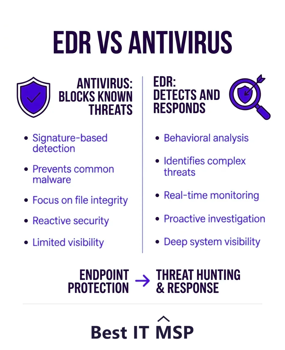 Antivirus blocks known threats; EDR detects and responds to behavior