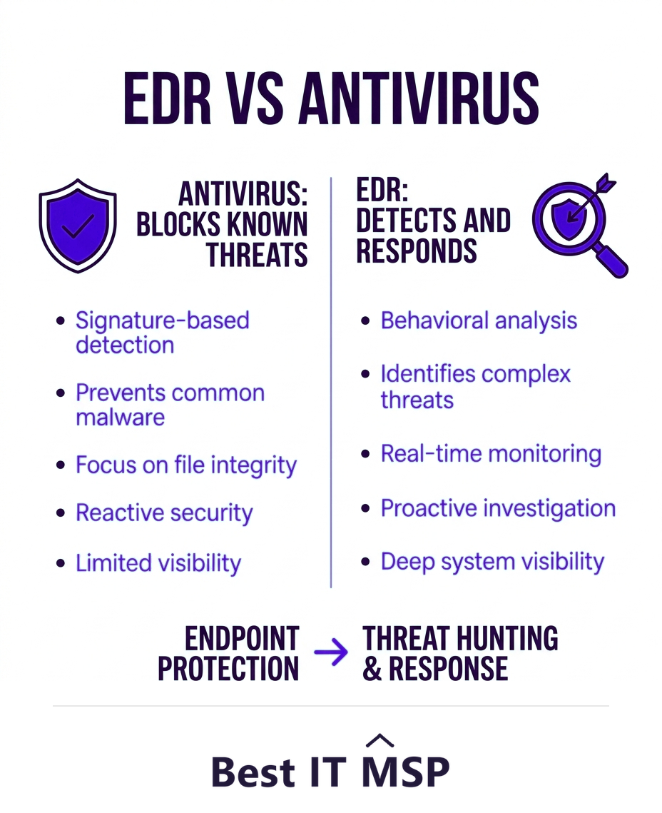 Antivirus blocks known threats; EDR detects and responds to behavior