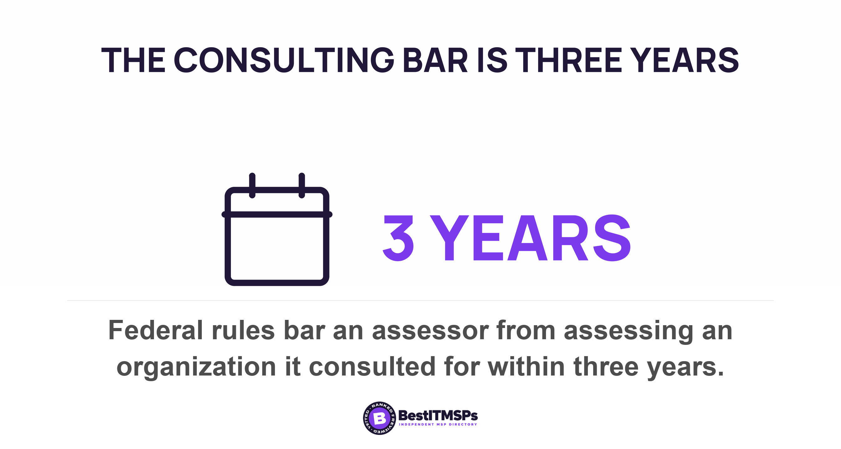 Federal rules bar an assessor from assessing an organization it consulted for within three years