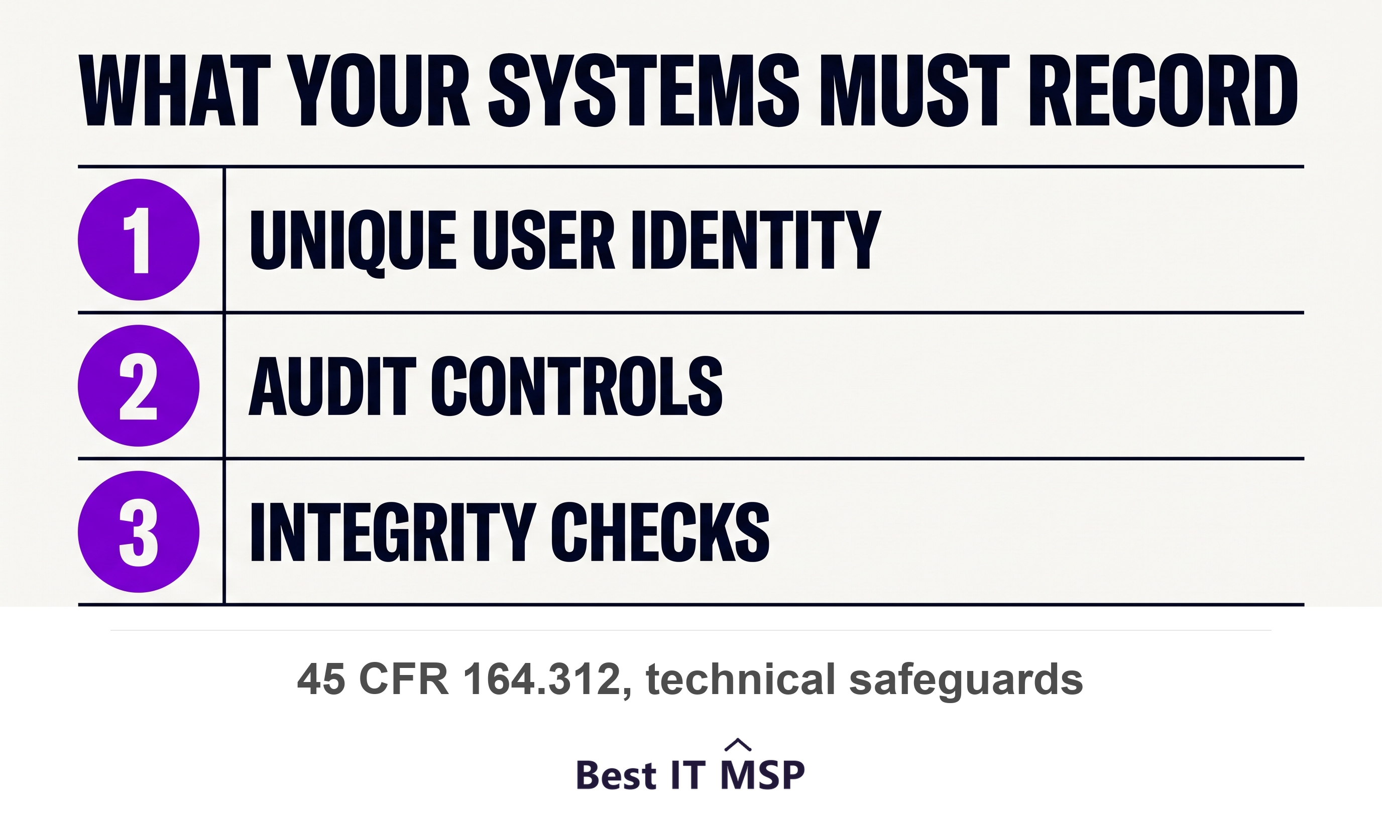 Three technical safeguards the HIPAA Security Rule requires of systems holding patient data