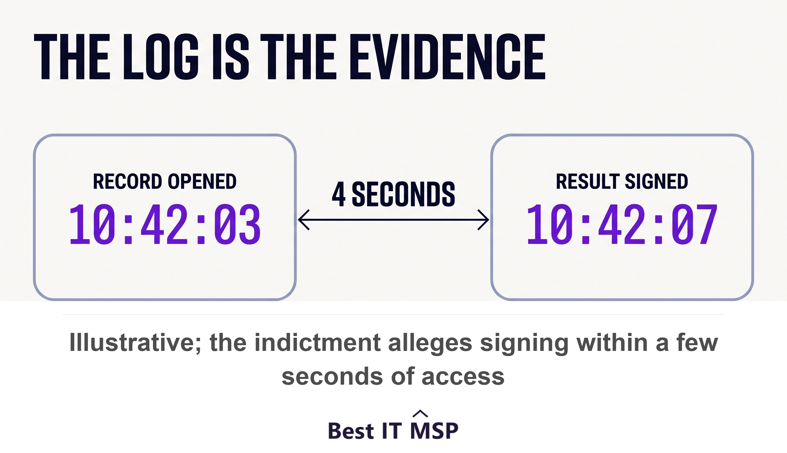 An indictment alleges test results were signed within seconds of the record being opened