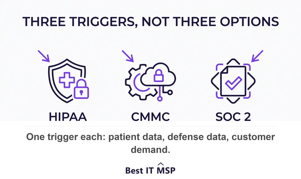 Three compliance triggers: protected health information triggers HIPAA, controlled unclassified information triggers CMMC, customer demand triggers SOC 2