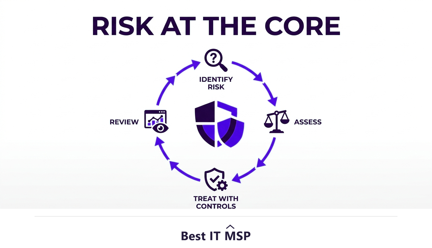 ISO 27001 centers on risk assessment and treatment