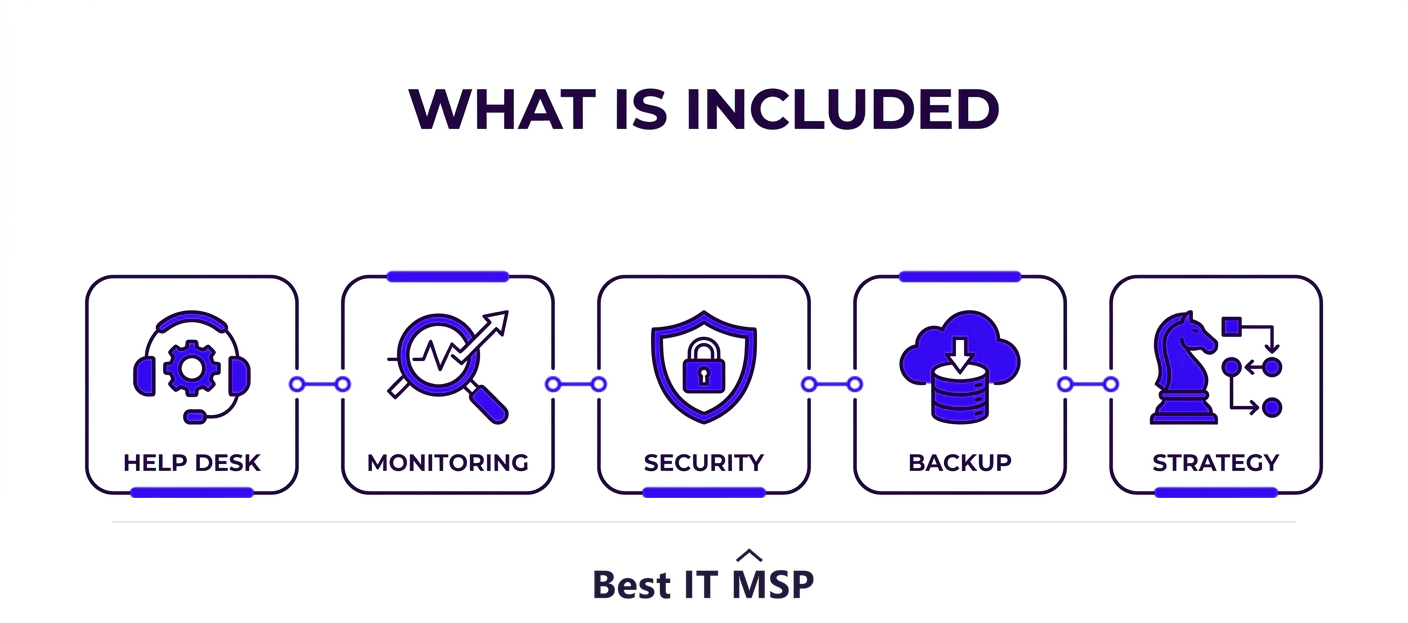 What small business IT support includes: help desk, monitoring, security, backup, strategy