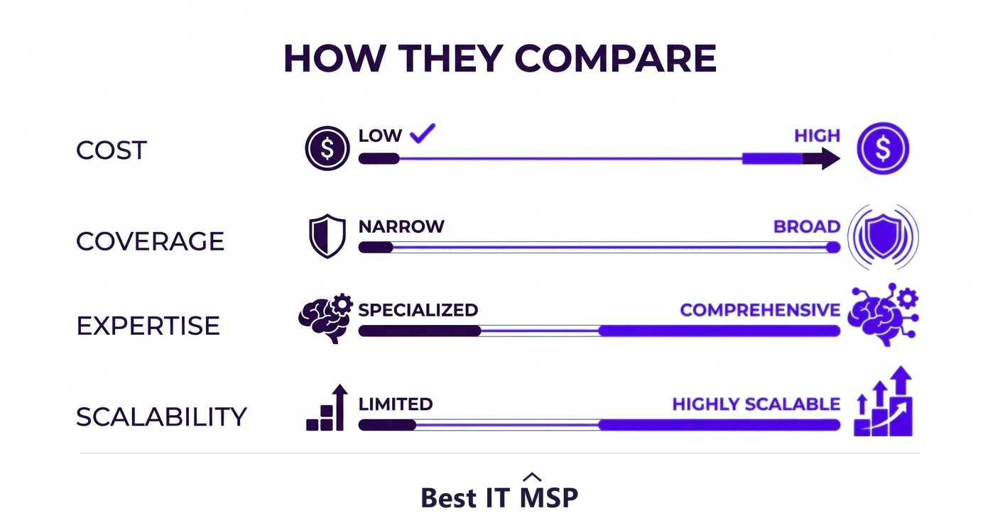 Comparison of managed IT and in-house IT across cost, coverage, expertise, and scalability