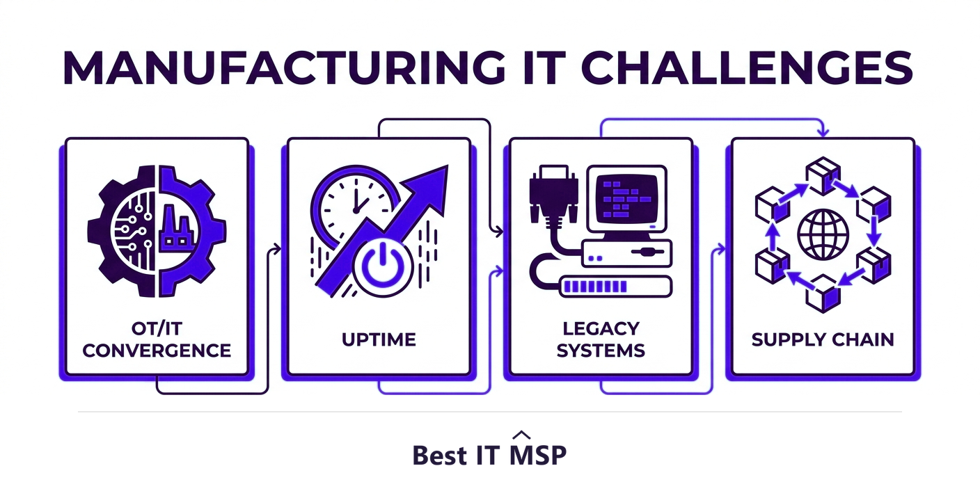 Manufacturing IT challenges: OT/IT convergence, uptime, legacy systems, supply chain