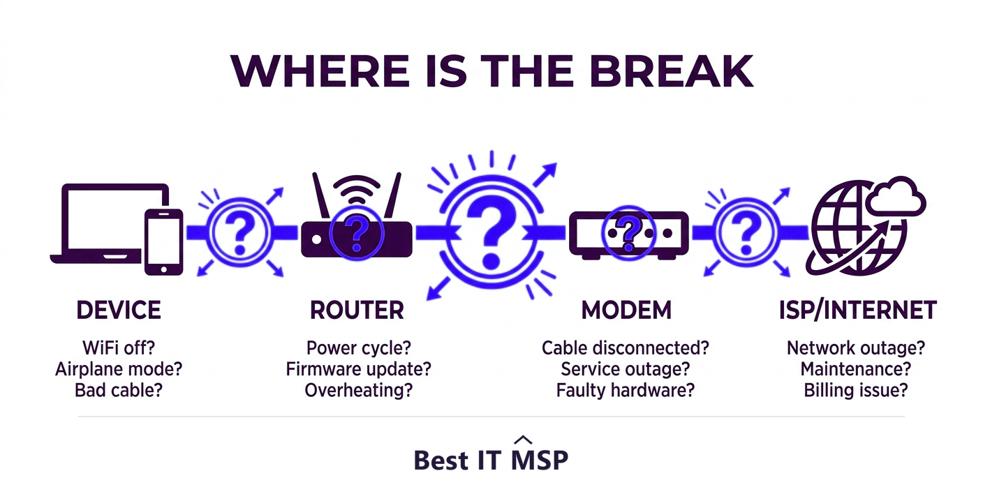 Find where the internet connection breaks: device, network, or ISP
