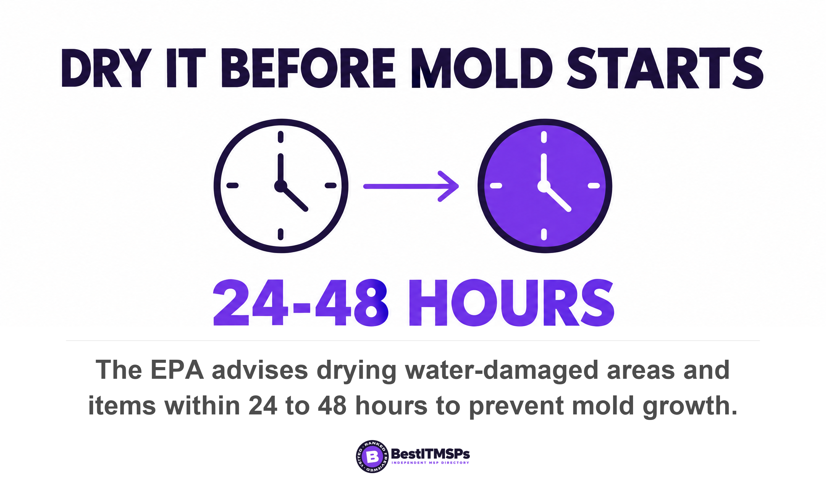The EPA advises drying water-damaged areas and items within 24 to 48 hours to prevent mold growth