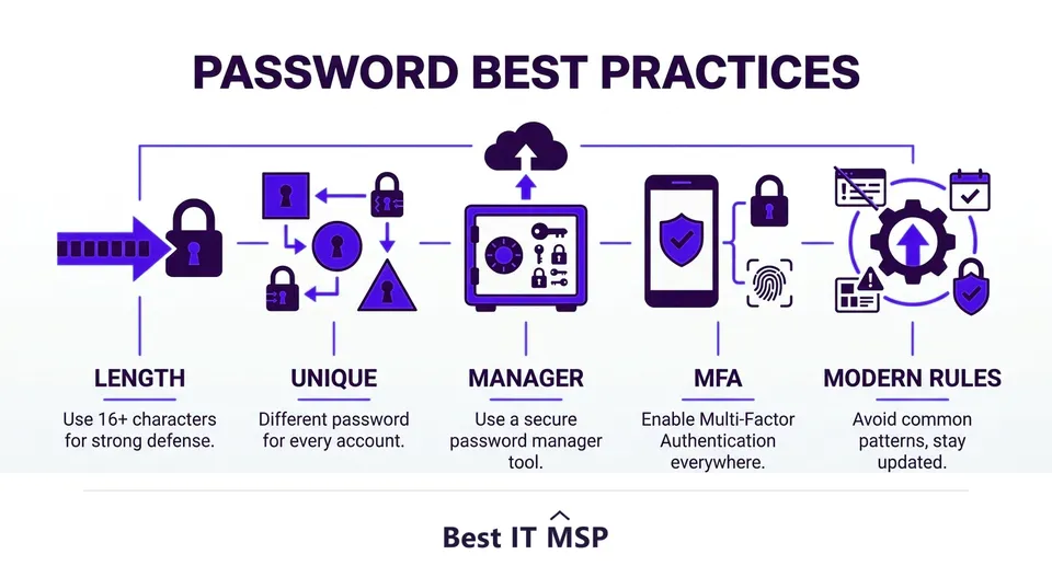 Five password best practices: long passphrase, unique per account, password manager, MFA, modern rules