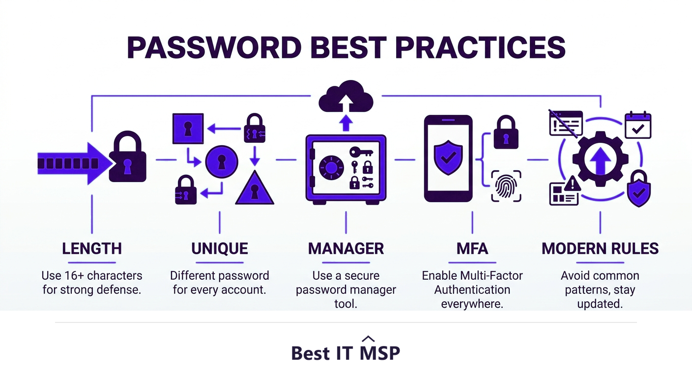 Five password best practices: long passphrase, unique per account, password manager, MFA, modern rules