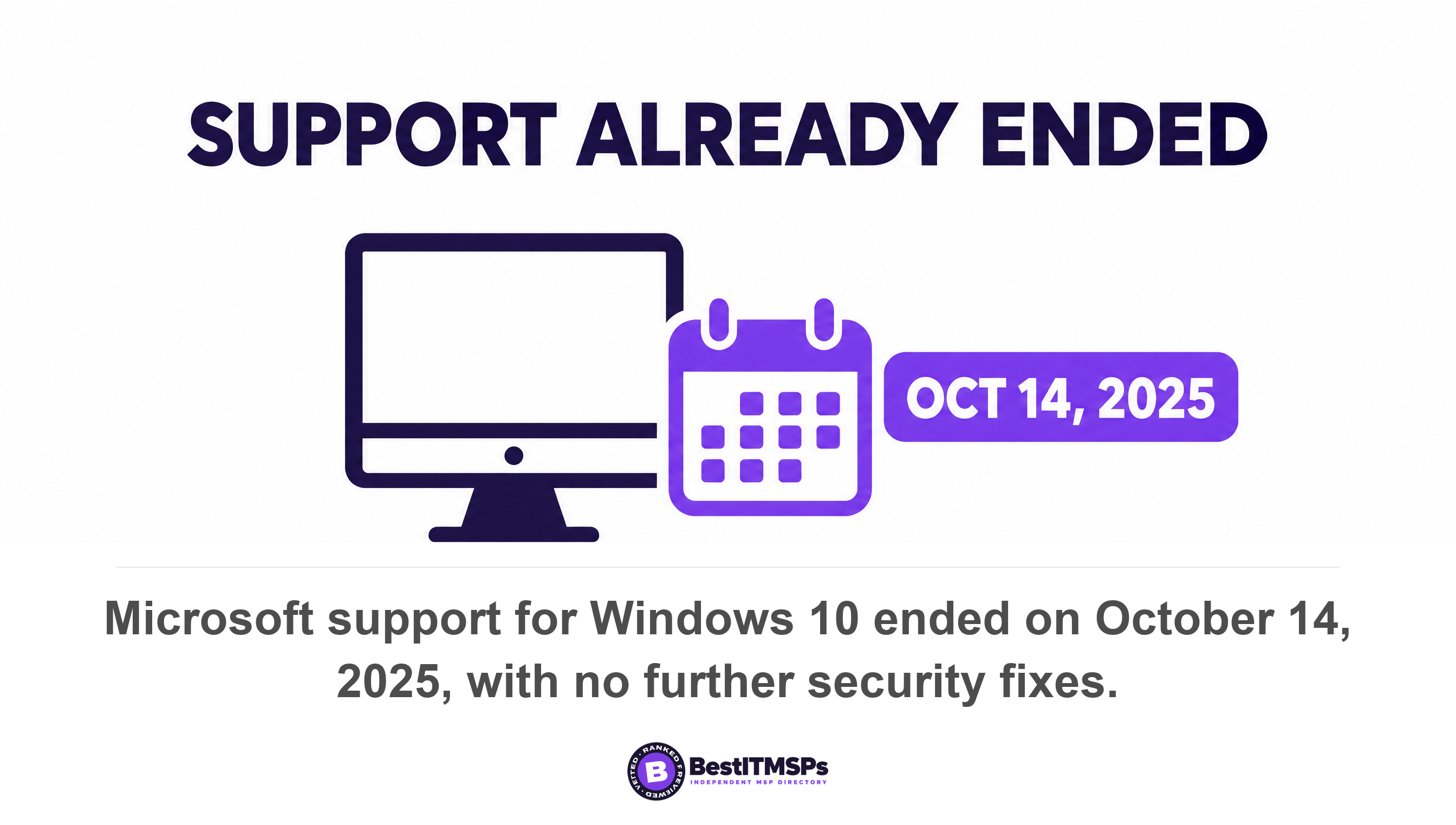 Microsoft support for Windows 10 ended on October 14, 2025, with no further security fixes
