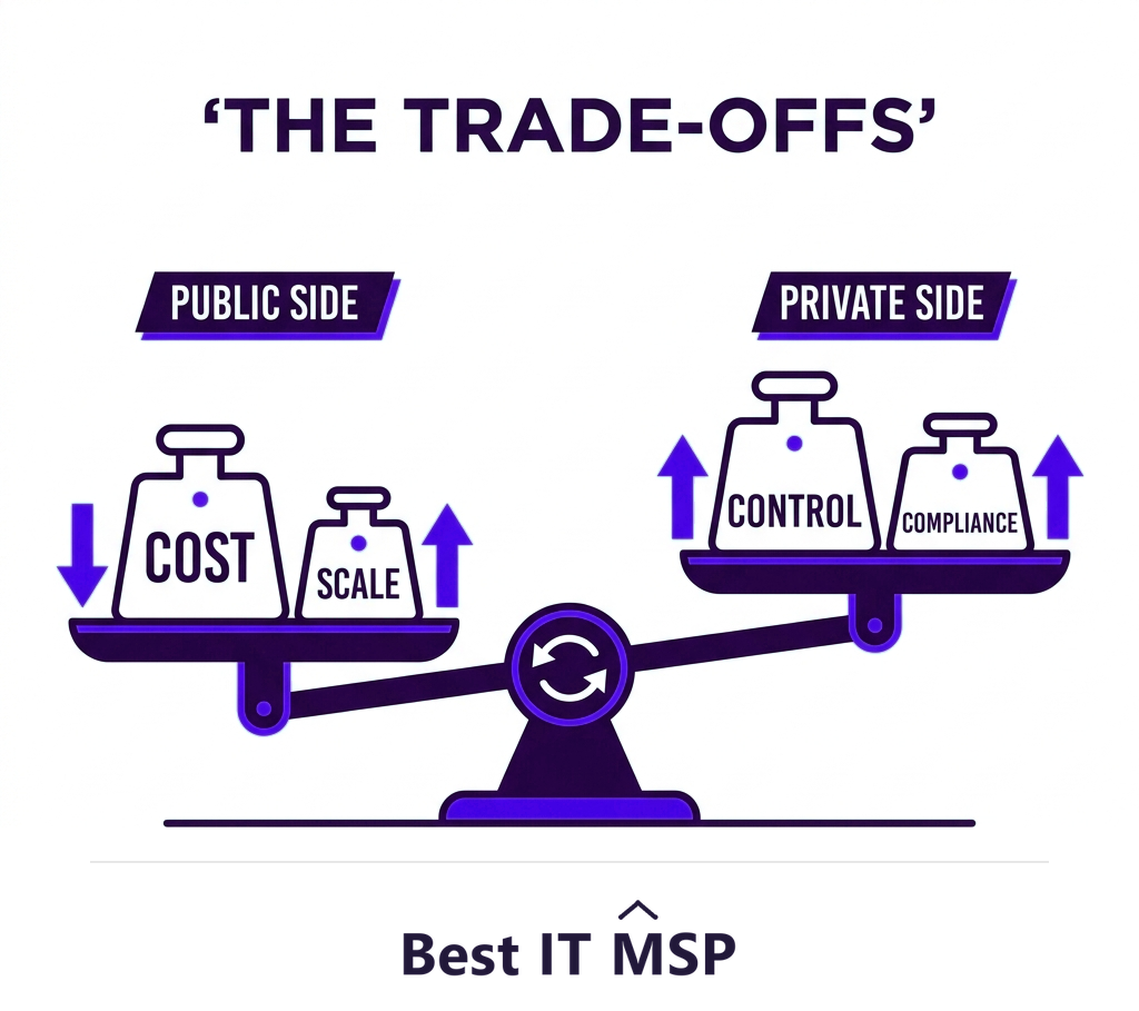 Public cloud wins on cost and scale; private cloud wins on control and compliance