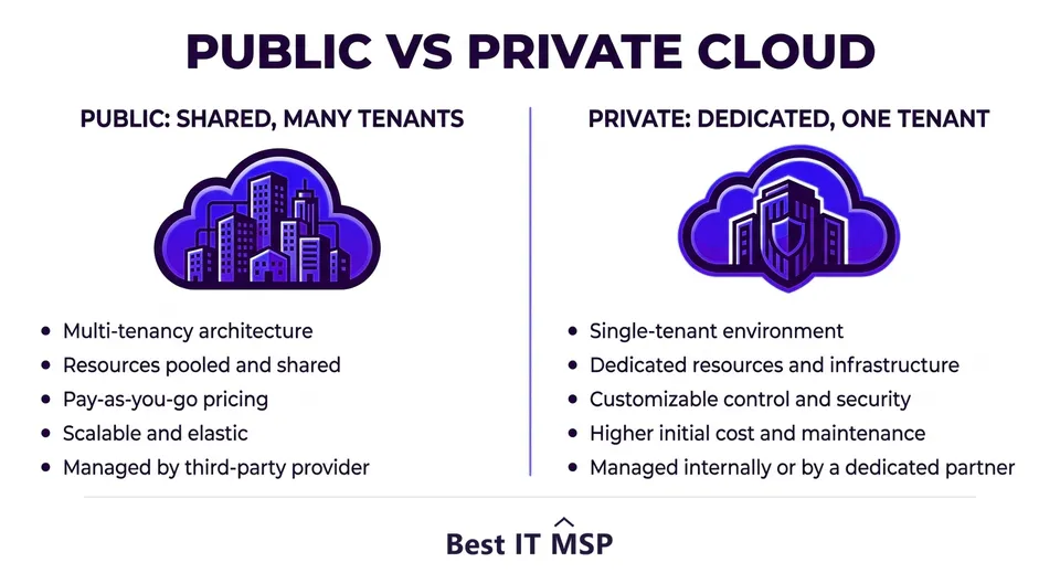 Public cloud is shared; private cloud is dedicated to one organization