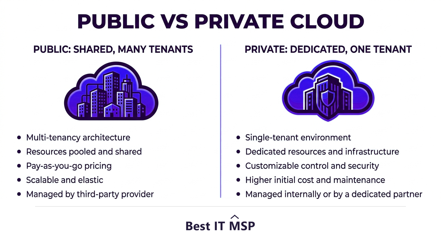Public cloud is shared; private cloud is dedicated to one organization