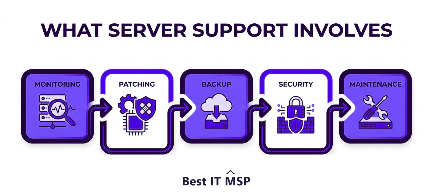What server support involves: monitoring, patching, backup, security, maintenance