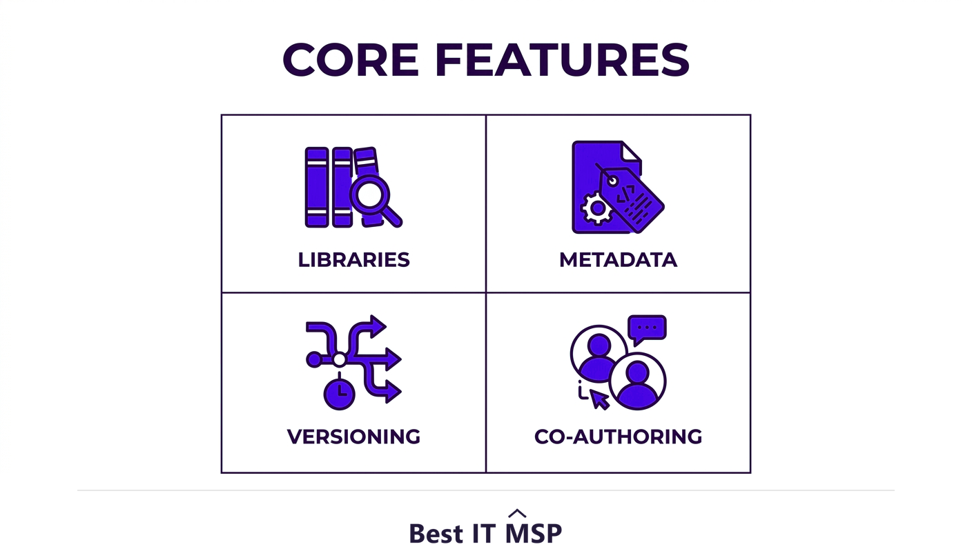 Core SharePoint features: libraries, metadata, version control, co-authoring