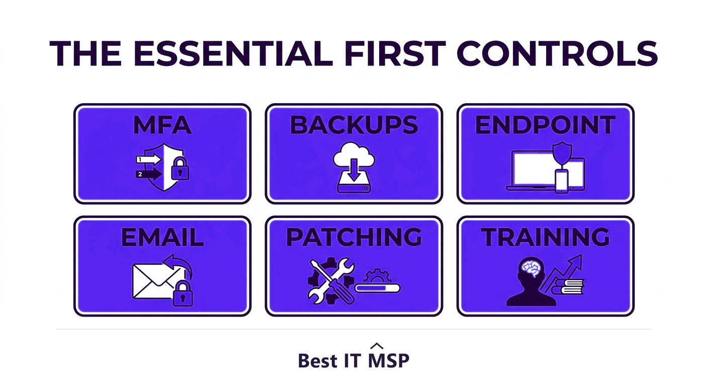 The essential first controls: MFA, backups, endpoint protection, email security, patching, training