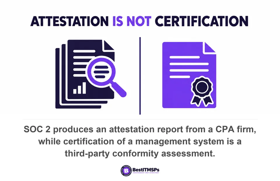 SOC 2 produces an attestation report from a CPA firm, while certification of a management system is a third-party conformity assessment