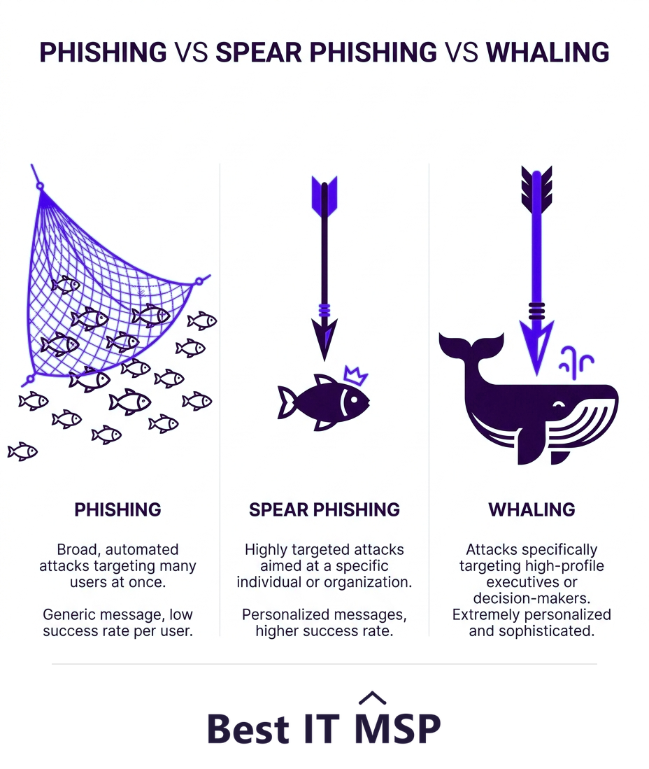 Phishing, spear phishing, and whaling differ by targeting