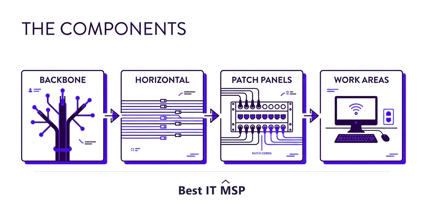 Structured cabling components: backbone, horizontal cabling, patch panels, work areas