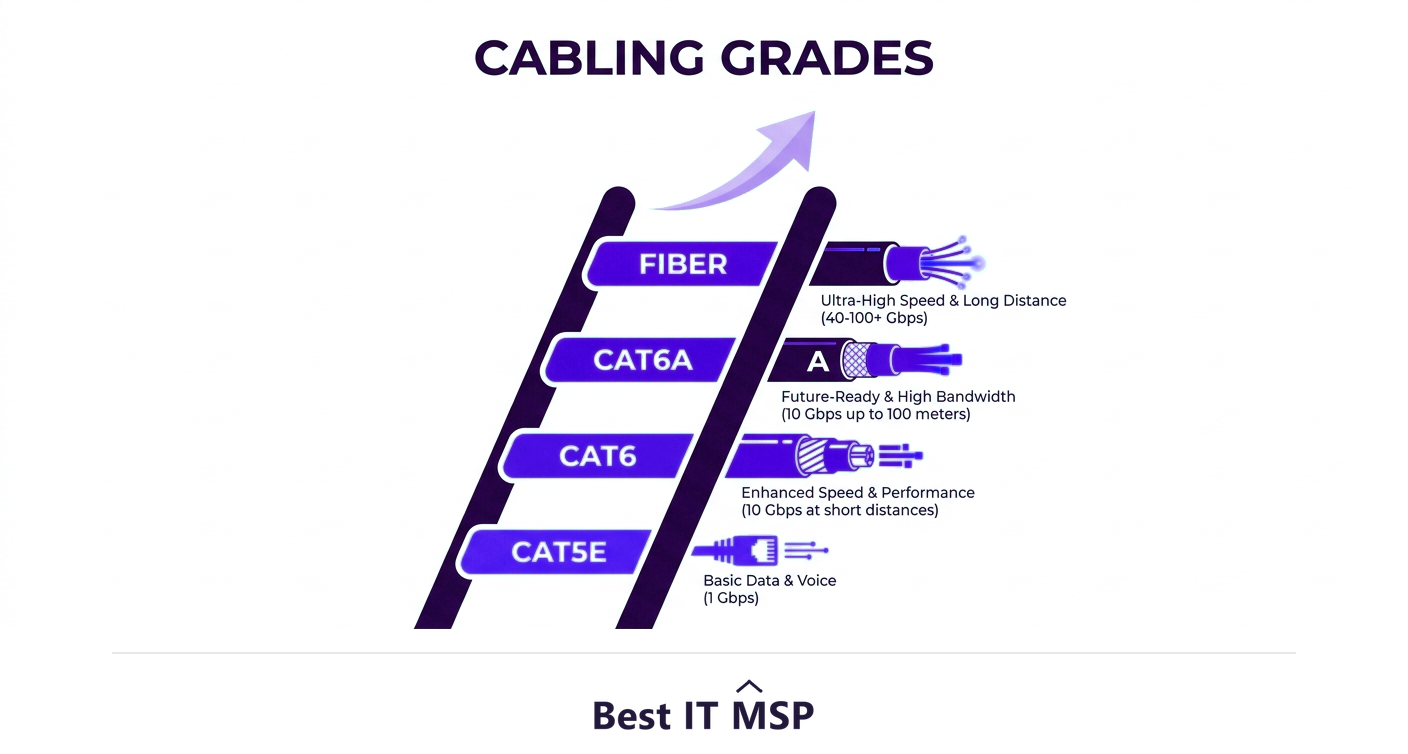 Cabling grades: Cat5e, Cat6, Cat6A, and fiber