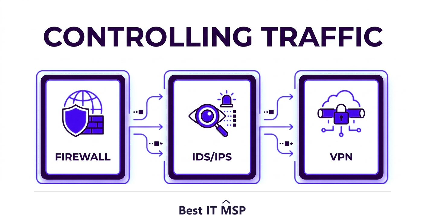 Firewall, IDS/IPS, and VPN control and protect network traffic