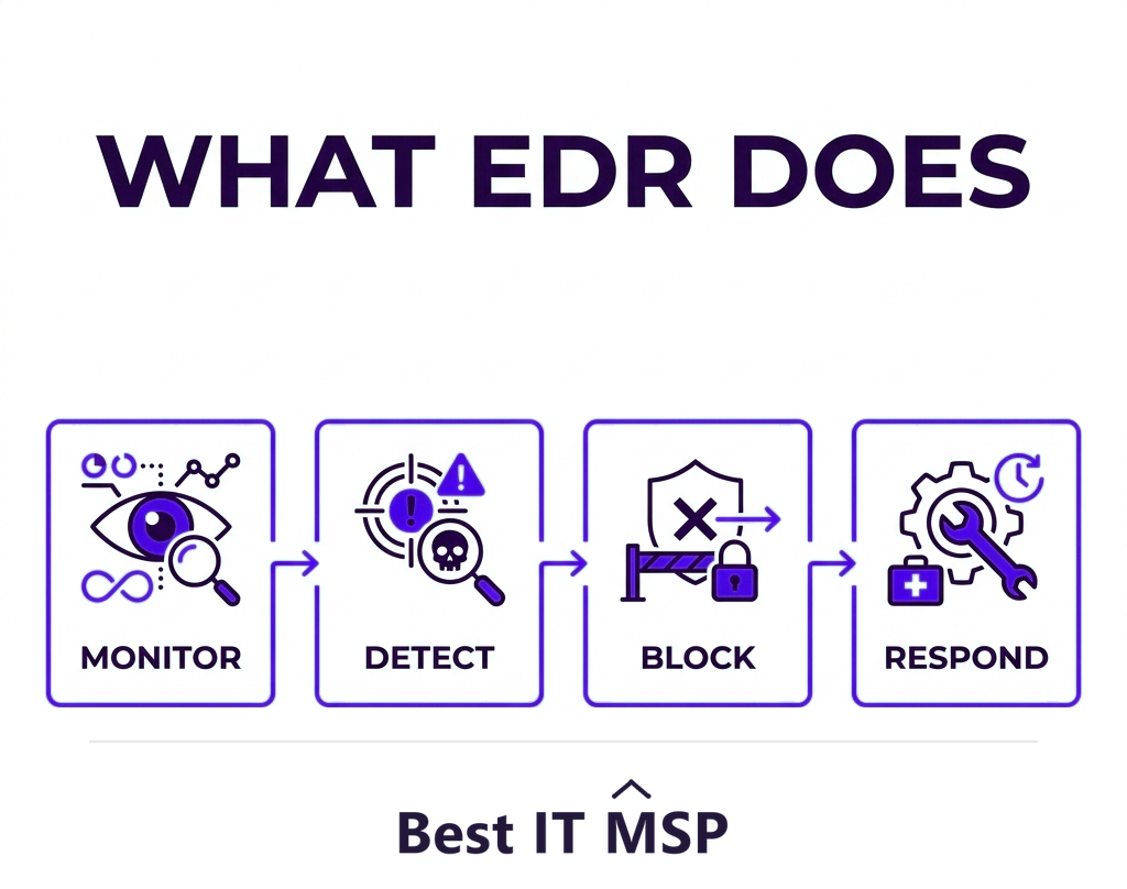 What endpoint detection and response does: monitor, detect, block, respond