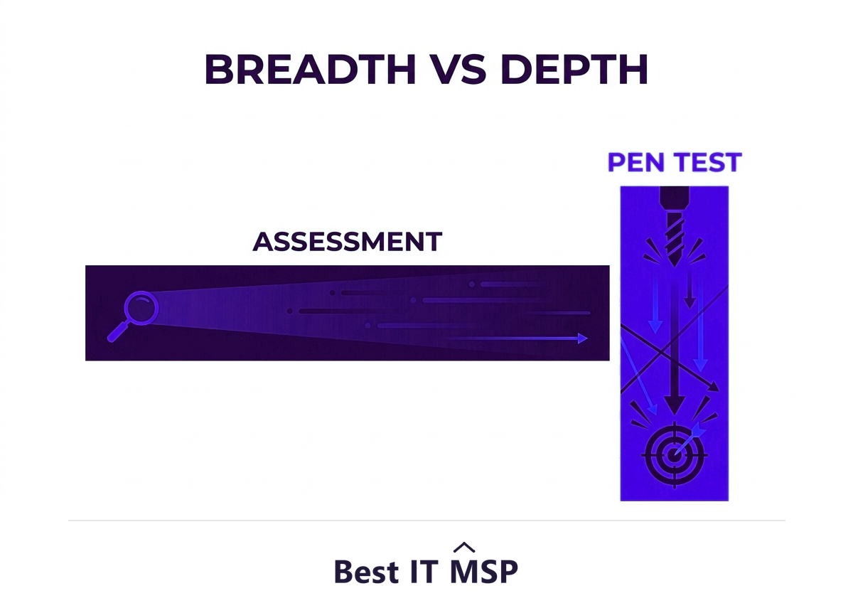Assessments give breadth; pen tests give depth