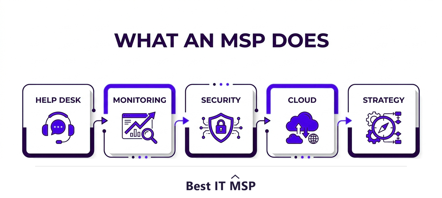 What an MSP does: help desk, monitoring, security, cloud, strategy