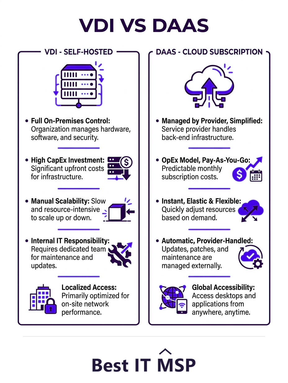 VDI is self-hosted infrastructure while DaaS is a managed cloud subscription