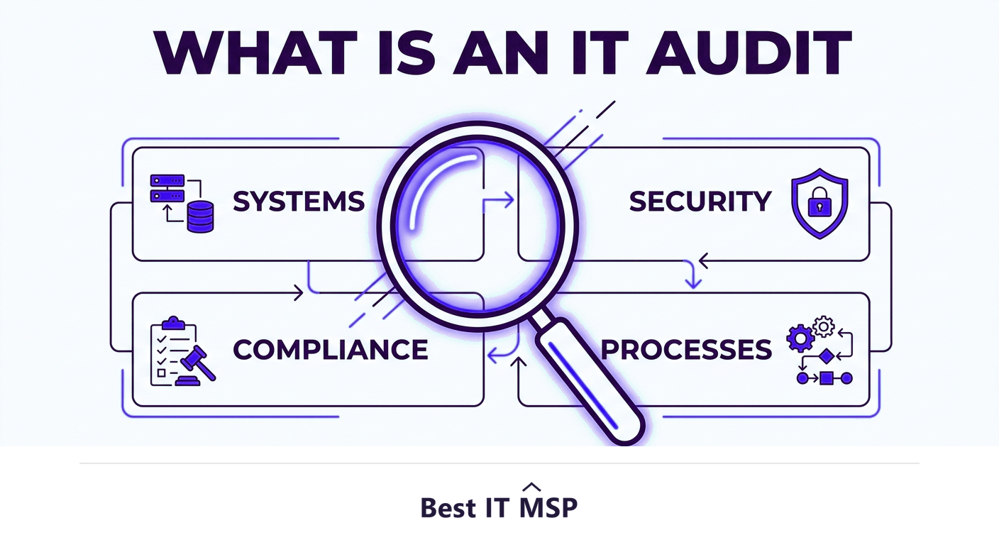 An IT audit reviews systems, security, compliance, and processes