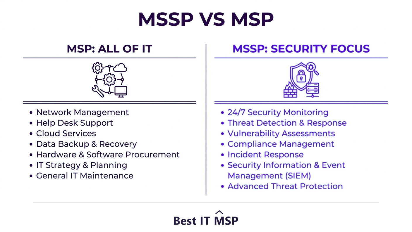 An MSSP focuses on security; an MSP handles all IT